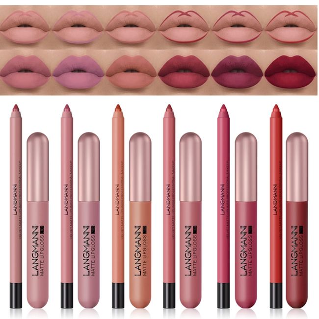 12Pcs Lip Liner and Lipstick Set Matte Nude Lips Set Non-Stick Cup Non-Fading Long-Lasting Waterproof Lip Stain High Pigmented Velvet Liquid Lipstick