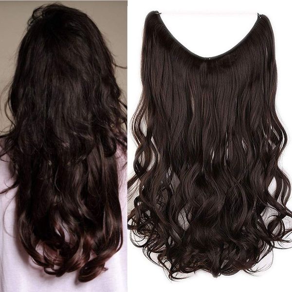 Curly Hairpiece Invisible Secret Wire String, Dark Brown, 20" One Piece Synthetic Heat Resistant Wire In Hair Extensions