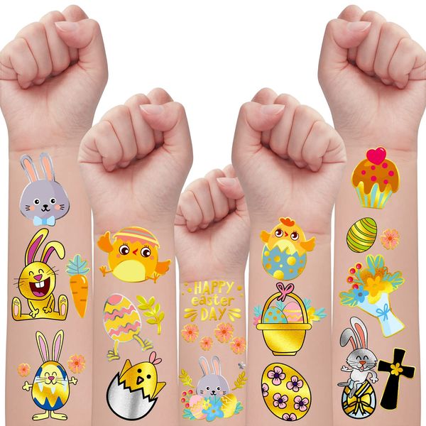 34 Metallic Glitter Styles Easter Temporary Tattoos for Kids, Easter Eggs Decorations Party Supplies Favors, Easter Gifts Tattoos Stickers for Boys and Girls (2 Sheets)