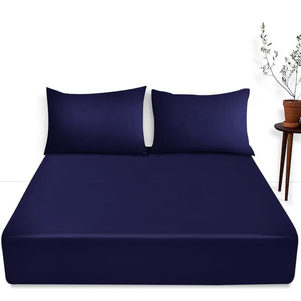 Super Soft Plain Dyed Deep Fitted Sheet King Size - Comfortable & Fade Resistant Bottom Sheet - Deep Bedding Sheet Navy