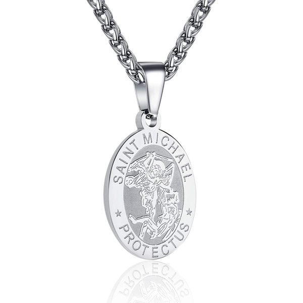 RS St. Saint Michael Pendant Necklace for Men Boys Oval Stainless Steel Patron Medal Chain Silver First Communion Confirmation Regious