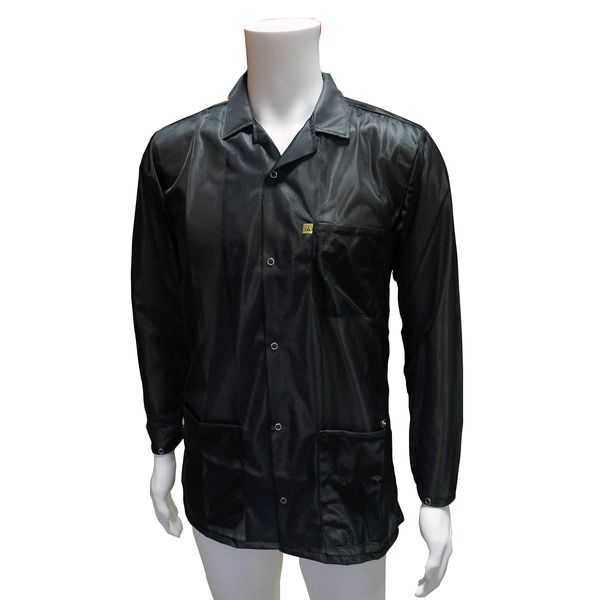 Static Care ESD Jacket, Lapel Collar and Snap Adjustment Sleeve, Black, Medium