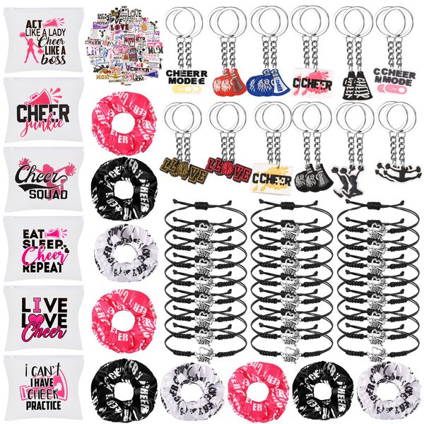 146 Pcs Cheerleader Gifts 24 Cheer Scrunchie 24 Cheer Bracelets 24 Cheer Keychain 24 Zipper Portable Cheer Makeup Bag 50 Waterproof Cheer Stickers for Cheer Team Party Favors Cheerleading Accessories