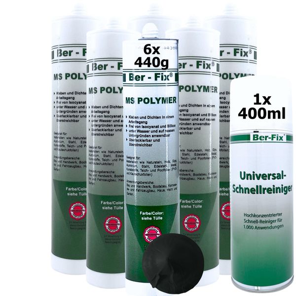 Ber-Fix MS Polymer Schwarz 6x 440g + 400ml Schnellreiniger – Flexibler & stärkerer Kleber für Teichbau, Bootsbau & Karosserie – Wasserfest & UV-beständig