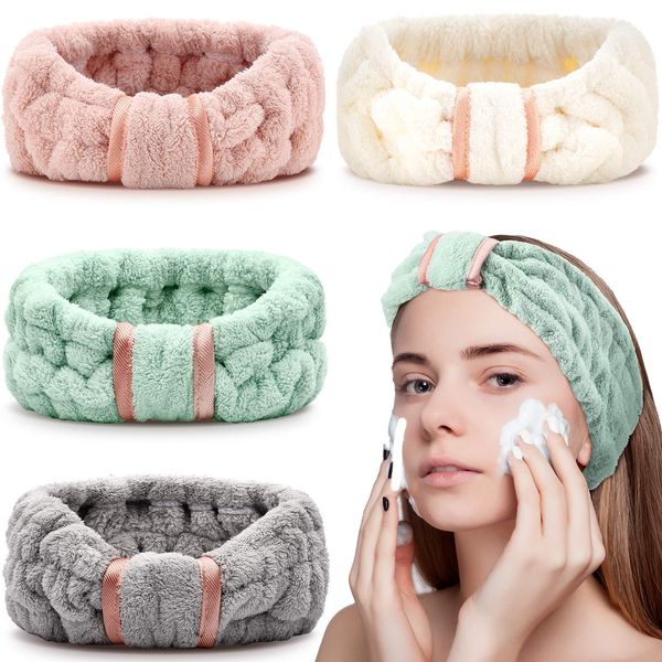 4 Pack Microfiber Headbands Spa Facial Headbands Makeup Headbands Elastic Terry Cloth Head Wrap for Women Girls Washing Face Makeup Shower Yoga Sports (Pink, Green, White and Grey)