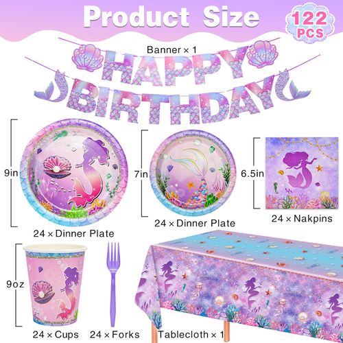 122Pcs Mermaid Birthday Decorations Party Supplies, Party Favors Disposable Dinnerware Set Including Tablecloth, Banner, Plates, Cups, Napkin, Fork, Ocean Party Decorations Serves 24 Guest