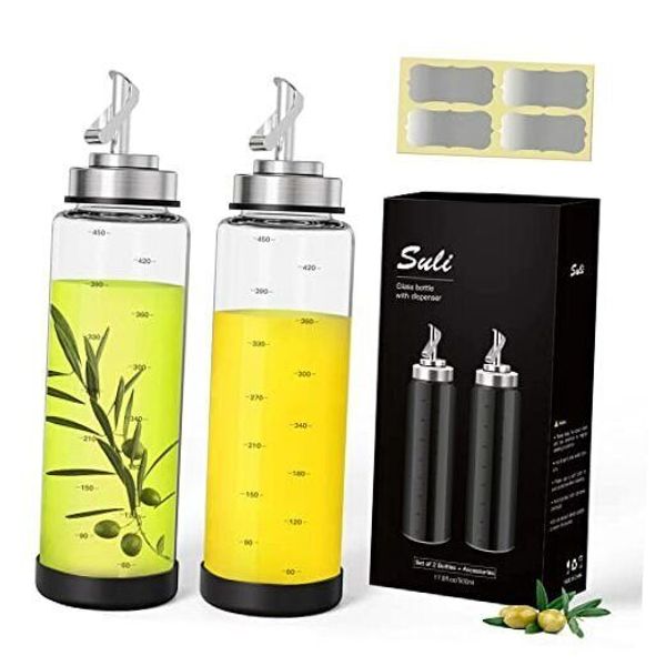 Suli Glass Olive Oil Dispenser Bottle -2 Pack17oz Oil and Vinegar Cruet Silver