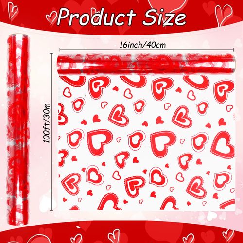 DERAYEE Valentine Heart Cellophane Wrap Roll, 100 ft x 16 In Crystal Clear Cellophane Gift Wrapping Paper for Flowers Treats Baskets Valentine's Day Party Favors