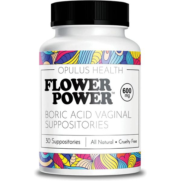 Flower Power Vegan Boric Acid Suppositories - 30 Capsules - 600mg for Vaginal Odor and pH Balance - Made in USA