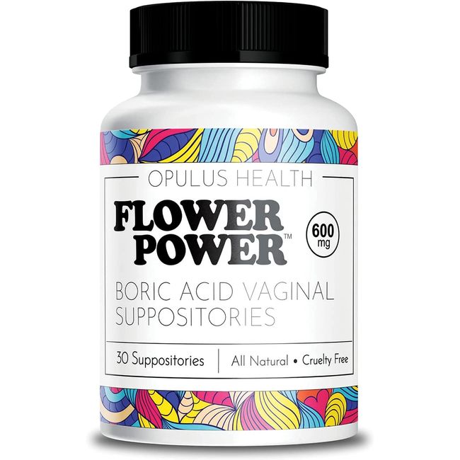 Flower Power Vegan Boric Acid Suppositories - 30 Capsules - 600mg for Vaginal Odor and pH Balance - Made in USA