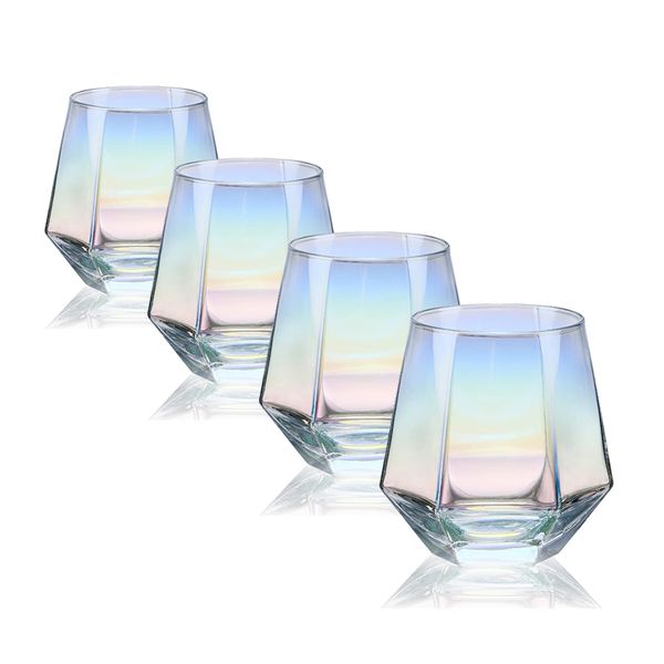 CUKBLESS Stemless Wine Glass Set Of 4(10 Oz),Iridescent Glassware For Gift,Modern Rainbow Wine Glass For Serving White Wine, Red Wine, Cocktail, Whiskey, Bourbon, Cool Water