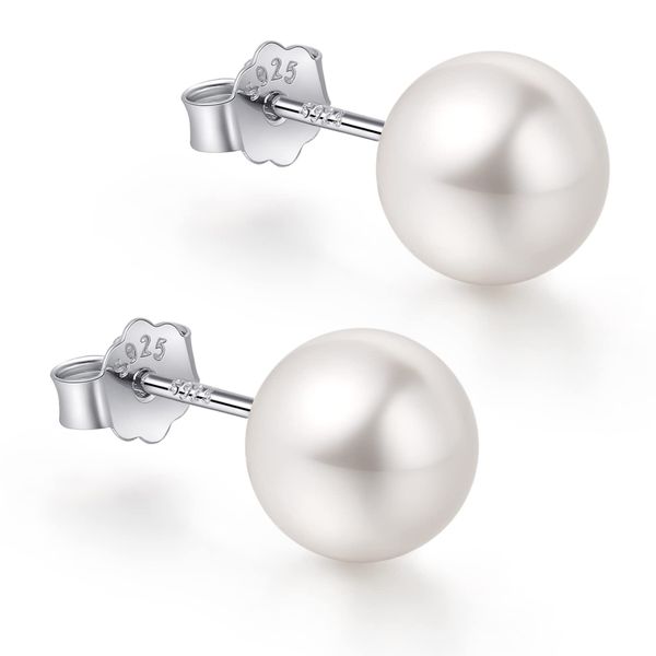 18K White Gold Plated Sterling Silver Post Faux Pearl Stud Earrings for Women Girls, White Pearl Wedding Earrings Hypoallergenic Jewelry (6mm)