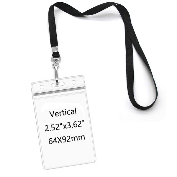 Lanyards with Id Holder Name Badges Waterproof Name tag Badge Holders with Neck Lanyard Swivel J-Hook Clip 50 Pack (Black, Vertical)