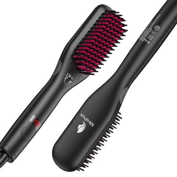 MiroPure Hair Straightener Brush Heated Straightening Brush with Ionic Generator, 30s Fast MCH Ceramic Even Heating, 11 Temperature Control, Professional Straightener Comb for Straightening (Black)