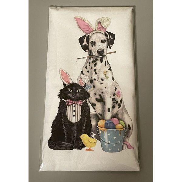 Mary Lake Thompson Flour Sack Towel Dalmatian & Black Cat With Easter Bunny Ears