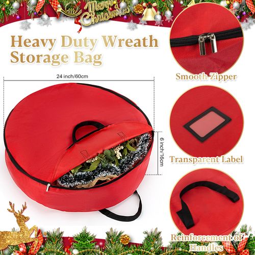 24 Inch RAINFLOW Christmas Wreath Storage Container - Heavy Duty Wreath Storage Bag With Handles Red Thickened Nonwoven Fabric Ideal For Household Organization Halloween Holiday Ornament Storage