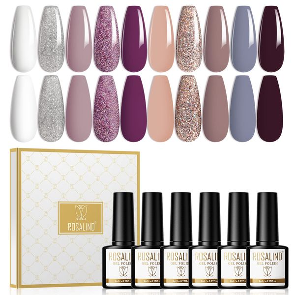 ROSALIND Smalti Semipermanenti Per Unghie 10 Colori Gel Smalto Semipermanente Unghie Glitterato Viola Nude Blu 8ml Soak Off UV LED Smalti Per Unghie Nail Art