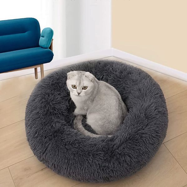 Dog Bed & Cat Bed Round Plush Warming Cozy Soft Pet Beds for Kittens Puppy Grey