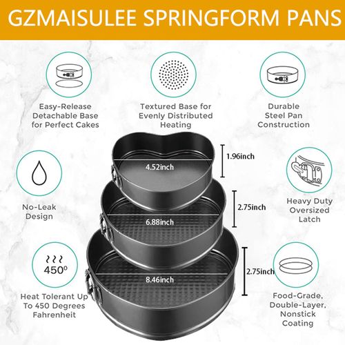 GZMAISULEE Springform Cake Pan Set of 3 (4, 7, 9 Inch) Heart Leakproof Nonstick Cheesecake Pans with Removable Bottom Carbon Steel Bakeware