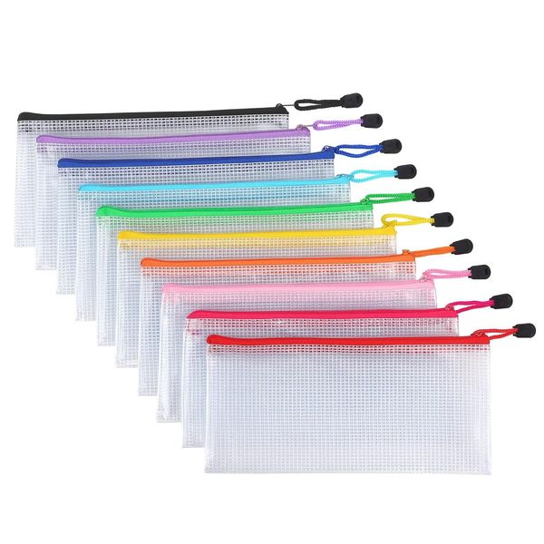 12Pack Mesh Document Bag Pencil Pouch Zipper File Bag Waterproof Plastic Zipper Mesh Bags Ziplock Bags Document Wallet for School Office Supplies, Homework, and Travel Accessories