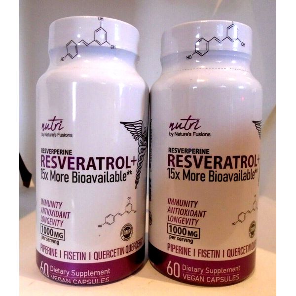 2 Nutri Resverperine+ Trans-Resveratrol w/ Black Pepper & Fisetin 1000 mg 60 Veg