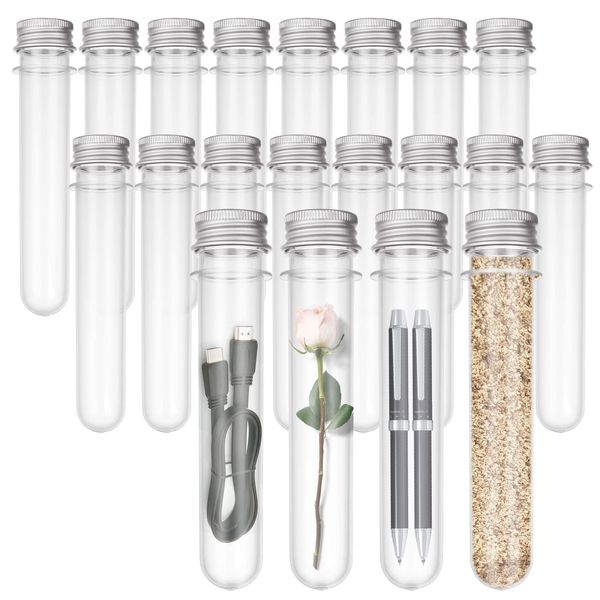 RILIHII (20 Piece Set) Test Tubes 1.4 fl oz (40 ml) with Aluminum Cap, Clear Aluminum Lid, Plastic Test Tubes, 5.5 x 1.0 inches (140 x 25 mm), Sample Storage, Multi-Purpose