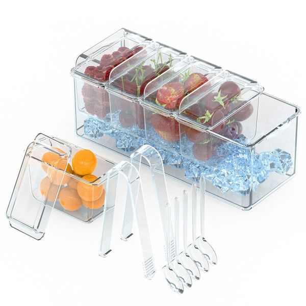 Food Serving Tray with 5 Container Ice Chilled Condiment Server Caddy for Party