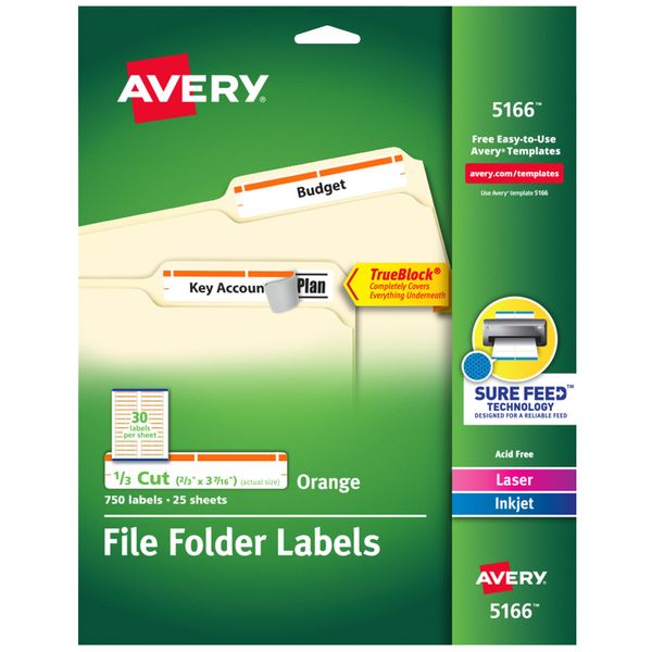 Avery TrueBlock File Folder Labels, 2/3" x 3-7/16", 750 Printable Labels, White/Orange, Permanent (5166)