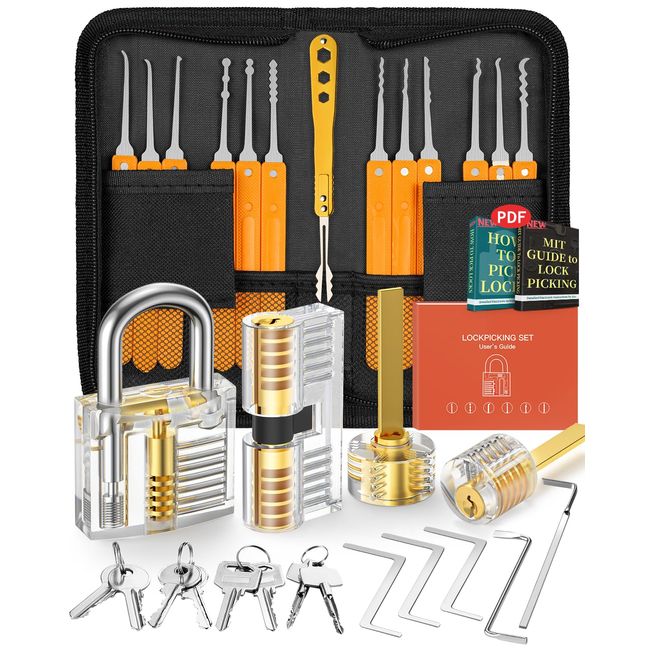 EVENTRONIC Lock Picking Set, 32-Piece Lock Pick Set with 4 Transparent Training Locks and Manual and Zip Case for Lockpicking, Extractor Tool for Beginner and Locksmith Training(Orange)