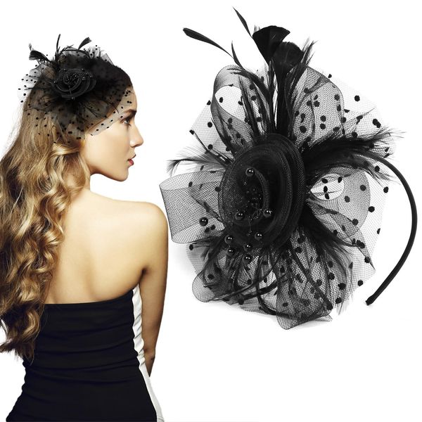 Ladies Fascinator Wedding Hat, Feather Mesh Veil Wedding Bridal Shower Flower Headband Party Hat Ascot Hair Fascinators for Tea Party,Weddings, Races, Royal Ascot, Hair Piece(Black)