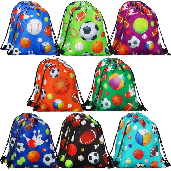 Jetec Sports Ball Themed Sports Party Favor Gift Goodie Bags Kids Sports Drawstring Backpack Sports Birthday Party Supplies (16 Pieces)