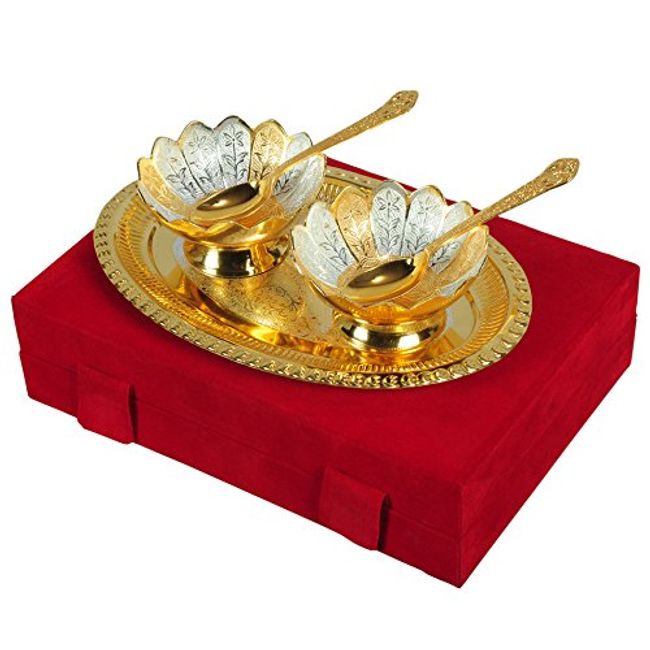 Silver & Gold Plated Brass Bowl Set 5 Pcs. (Bowls 4" Diameter & Tray 10" x 8") IND