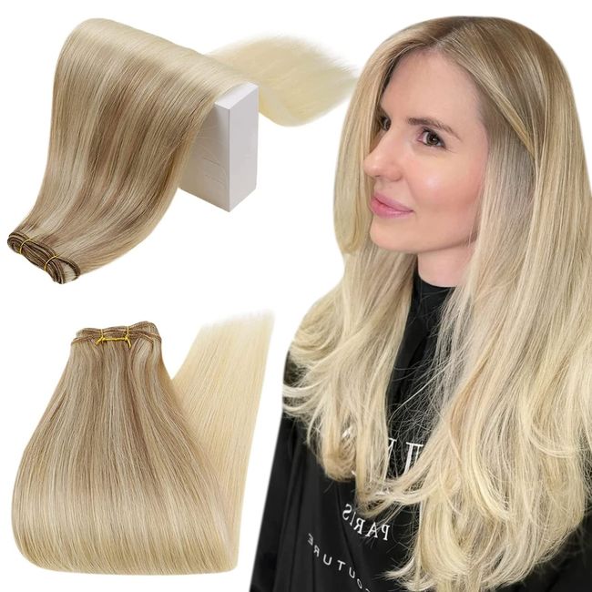 Echthaar Tressen Balayage Blond Haartressen Echthaar Zum Einnähen Glatt Tressen Extensions Echthaar 50cm 100g Farbe #18/22/60