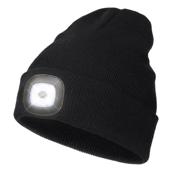 YunTuo Rechargeable LED Beanie with 4 Lights - Unisex Winter Knit Cap with USB Flashlight for Men and Women (Black)