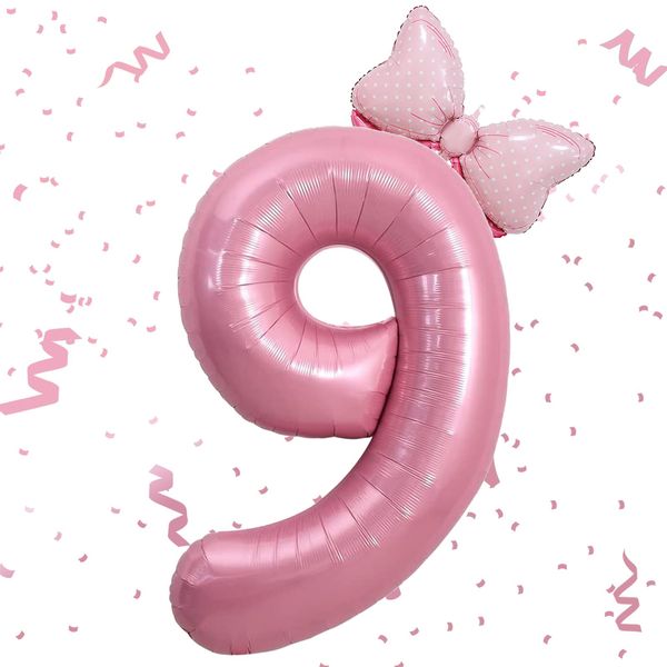 Pink 9 Balloon 40 Inch,Giant Number Balloon Mini Bow Balloon Set for Girl 9th Birthday Party Decorations,Nine Years Old Birthday Pink Theme Party Decorations,Pink Foil Mylar Birthday Digital Balloon