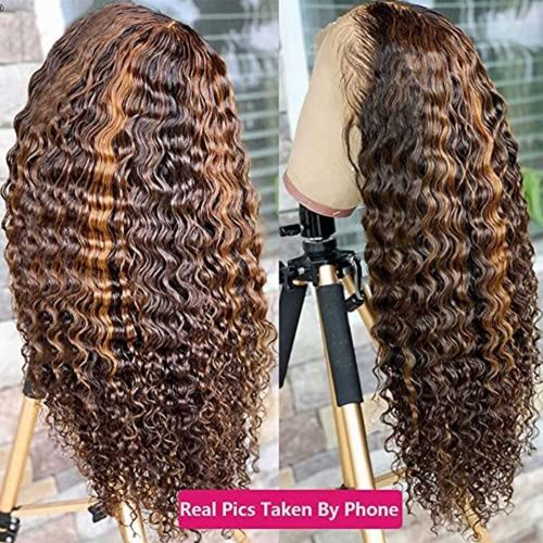 Unipearl Deep Curly Real Hair Wig 13 x 4 HD Lace Front Wig Human Hair 55 cm (22 Inches), #4/27 Ombre Blonde Brown Water Wave Glueless Wig 100% Brazilian Real Hair Wigs for Women 150% Density