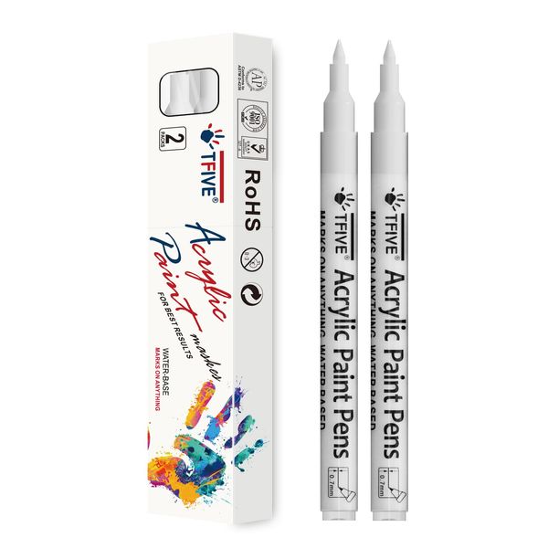 TFIVE White Paint Marker Paint Pens - 2 Pack Acrylic Permanent Marker, 0.7mm Extra Fine Tip Paint Pen for Art Projects, Drawing, Rock Painting, Ceramic, Glass, Wood, Plastic, Metal, Canvas DIY Crafts