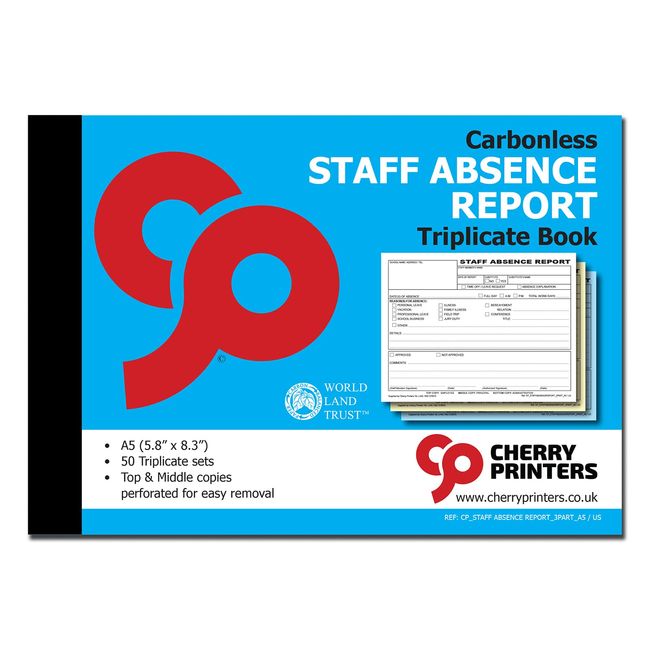 Cherry Staff Absence Report for Schools 3pt (5.8 inches x 8.3 inches) 50 Triplicate Copies per Book