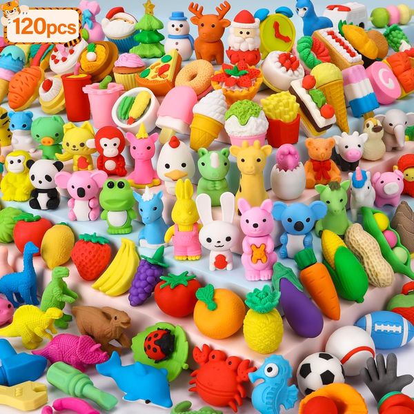 120 Pack Animal Pencil Erasers for Kids Bulk Desk Pet Toy 3D Mini Puzzle Eras...