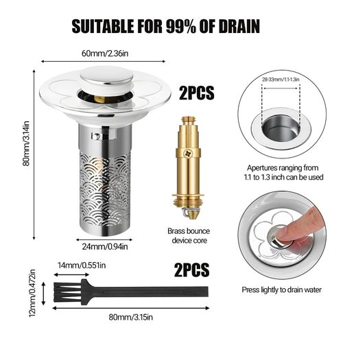2PCS Bathroom Sink Stopper, Pop-up Drain Magic Sink Stopper, Stainless Steel for Bathroom Basins, Anti-Clogging Hair Trap, Suitable for 1.1-1.37 inch Diameter