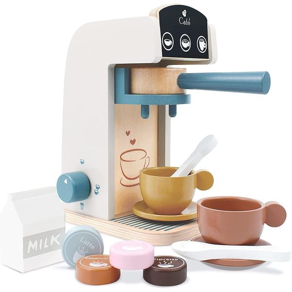 Little Log Wooden Coffee Machine Play Set, Wooden Kitchen Coffee Machine Maker Toy Set Toddler Role Play Kitchen Accessories Gift for Girls and Boys (13 Pieces)