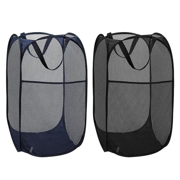 2 Pack Pop Up Collapsible Laundry Baskets, Foldable Mesh Popup Laundry Hamper with Reinforced Carry Handles, Folding Pop-Up Clothes Hampers are Great for Kids Room, College Dorm or Travel (Black+Blue)