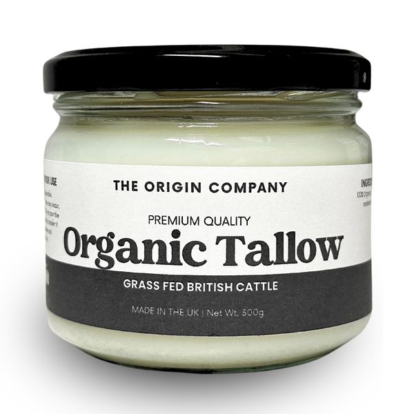 Origin Organic Grassfed Beef Tallow | Certified Premium Quality | Beef Fat Drippings | Food & Skin Grade | Multiple Uses | British Farms (300g Jar)
