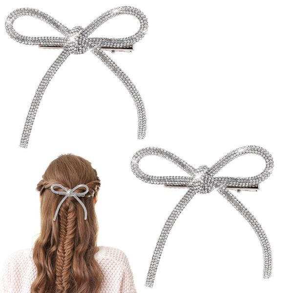 2 Pcs Bow Hair Clips Rhinestone Hair Accessories Silver Hair Bows for Women Crystal Prom Hair Decoration Non-Slip Jeweled Bowknot Clips Duckbill Hair Barrettes for Girls Thick Long Short Hair