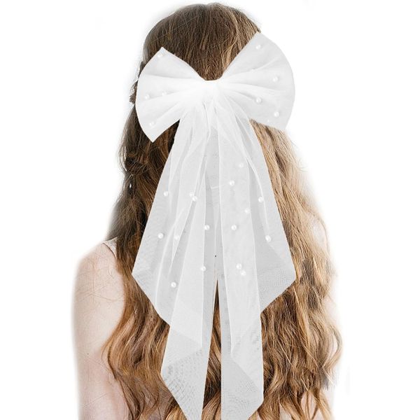 Bridal Pearl Bow Veil, Pearl Bow Hair Clip for Bachelorette, Party Veil Hair Clips, Wedding Bridal Veil, Bride to Be Accessories for Brides, Hen Party Barrette (White)