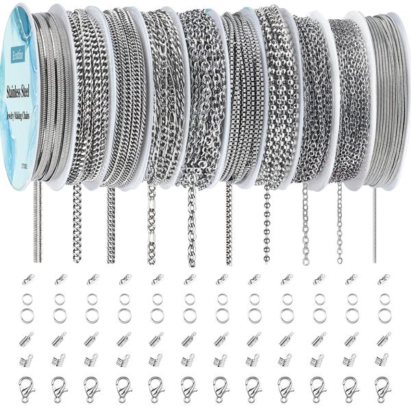 Ecoofor Necklace Chains for Jewelry Making, 82 Feet 10 Rolls Stainless Steel Jewelry Chains for Men Women and Girls DIY Necklace Bracelet Jewelry with Jump Rings/Lobster Clasps/Connectors