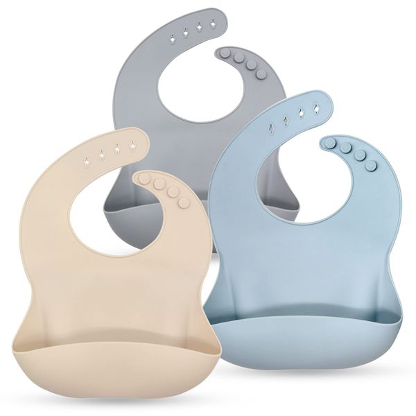 Wriggle & Giggle Baby Silicone Bibs with Food Catchers, 3 Pack (Dusty Blue/Beige/Grey)