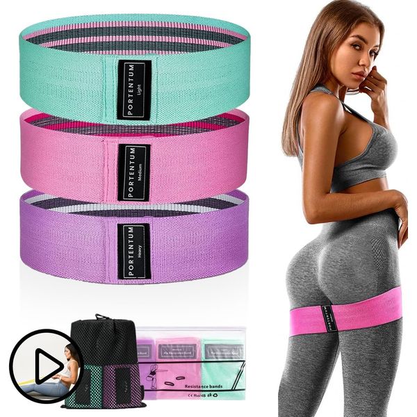 PORTENTUM Resistance Bands Set of 3, Elastic Bands, Yoga Strap in 3 Tensile Strengths, Training Band, Yoga Band, Resistance and Support for Leg and Glutes, Includes Exercises Video