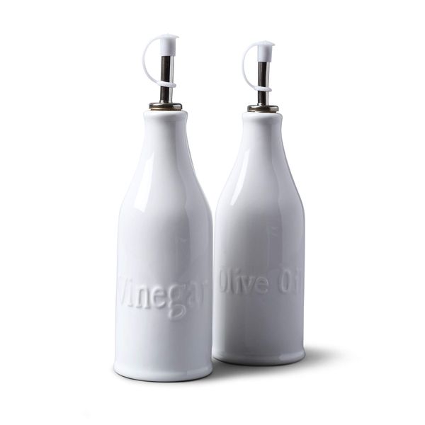 WM Bartleet & Sons - Olive Oil & Vinegar Bottles (24cm) - with Stainless Steel Pourers and Non-drip Cork Stoppers - Made from Premium Porcelain - Classic Smooth Finish