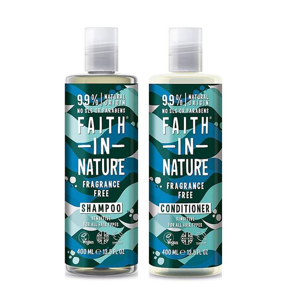 Faith in Nature Natural Fragrance Free Shampoo & Conditioner Set, Sensitive Vegan & Cruelty Free, Parabens and SLS Free, for All Hair Types, 2 x 400ml